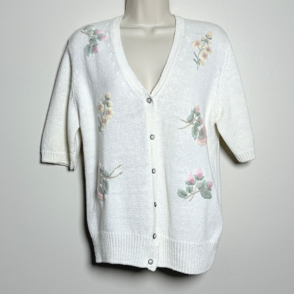 Marquise VTG Womens Floral Embroidered Cardigan Sweater M‎ Cream Ramie Cotton